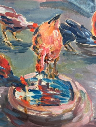 Ancienne aquarelle signée G. Geraud coqs poules poulailler basse cour 1920