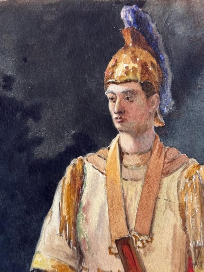 Ancienne aquarelle signée G. Geraud comédien théâtre centurion Rome antique