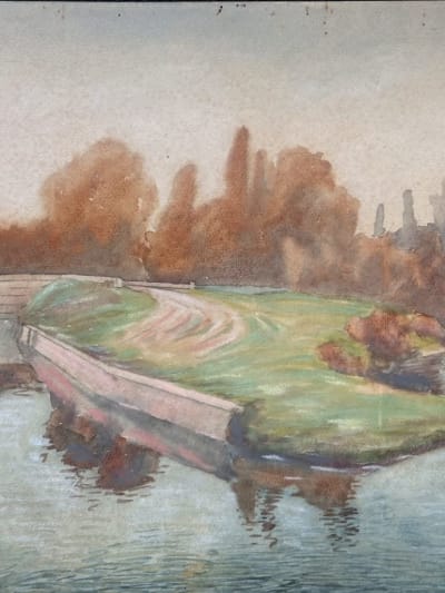 Ancienne aquarelle signée G. Geraud paysage canal du Midi Occitanie art nouveau