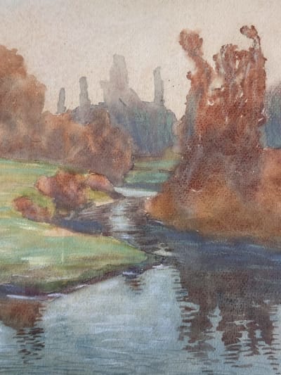 Ancienne aquarelle signée G. Geraud paysage canal du Midi Occitanie art nouveau