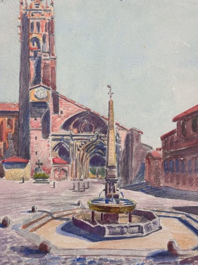 Ancienne aquarelle Geraud place fontaine Saint-Étienne Toulouse 1911