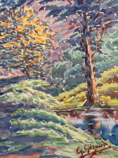 Ancienne aquarelle signée G. Geraud Pyrénées sentier Capvern-les-Bains 1911