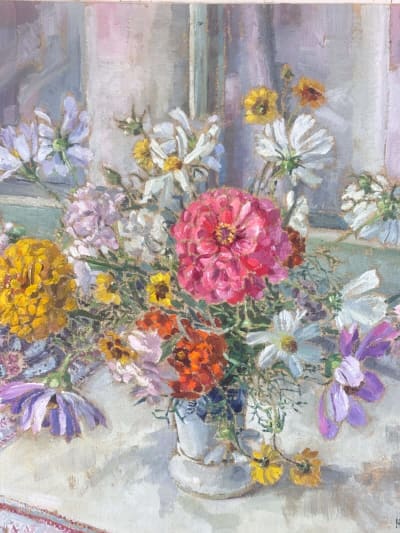 Tableau bouquet de fleurs tapis huile toile Hélène Rivière Toulouse Henri Martin