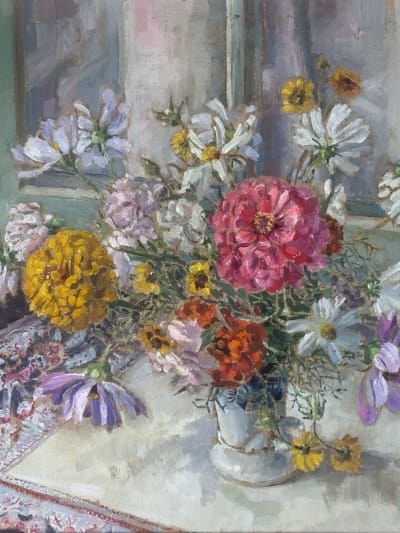 Tableau bouquet de fleurs tapis huile toile Hélène Rivière Toulouse Henri Martin