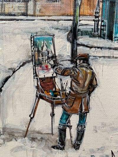 Ancien tableau Paris neige Montmartre place du Tertre autoportrait CL. Dumont