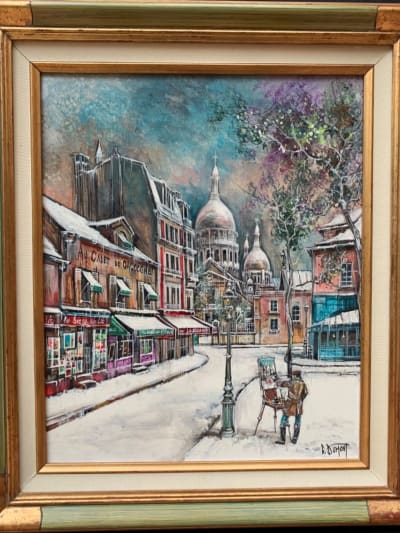 Ancien tableau Paris neige Montmartre place du Tertre autoportrait CL. Dumont
