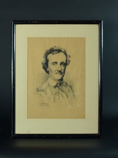 Rare dessin portrait de l'écrivain Edgard Allan Poe XIXe J. Perrichon drawing