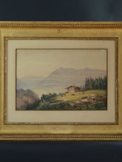 Tableau ancien vue lac Léman Mont Blanc Suisse 1863 montagne D'Andiran Bordeaux