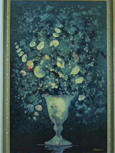 Grand tableau nature morte bouquet de fleurs Ipomée Volubilis signé 138 cm déco