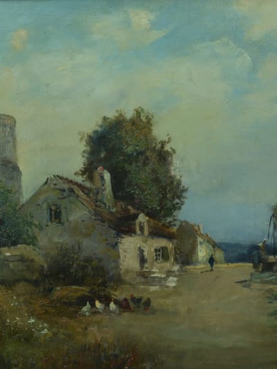 Tableau ancien paysage animé ferme basse cour Normandie XIXe HST cadre Henry