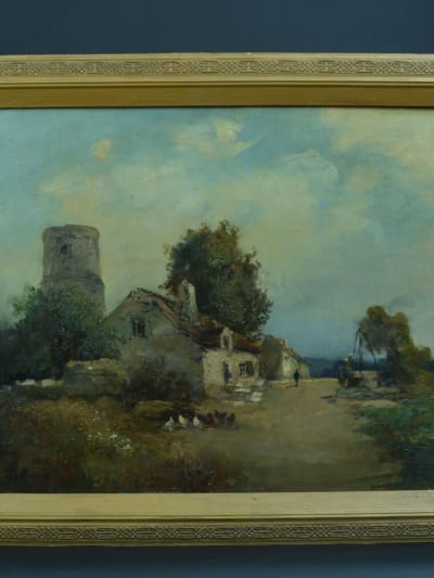 Tableau ancien paysage animé ferme basse cour Normandie XIXe HST cadre Henry