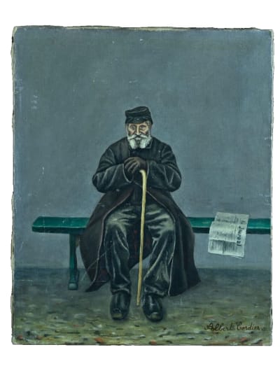Ancien tableau portrait homme sur un banc Paris Montparnasse Albert Cordier XIXe