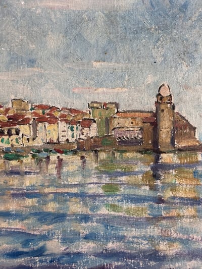 Tableau ancien huile marine vue de Collioure 1953 post impressionniste signée