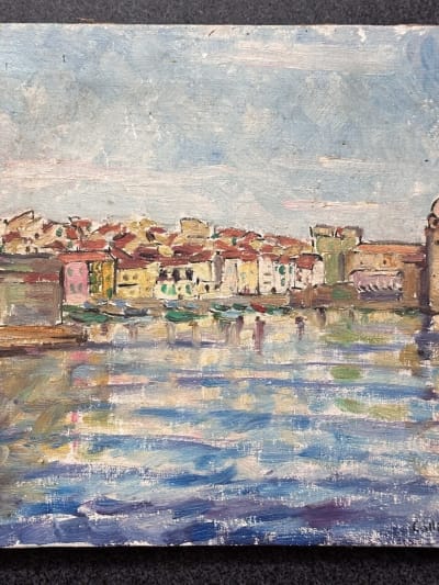Tableau ancien huile marine vue de Collioure 1953 post impressionniste signée