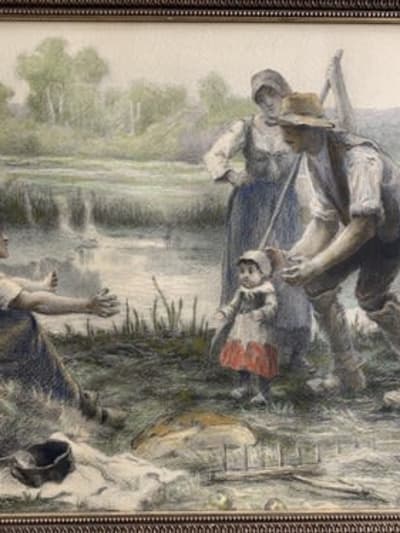 Ancien dessin Georges Laugée couple de paysan et fillette sv Millet Carcassonne