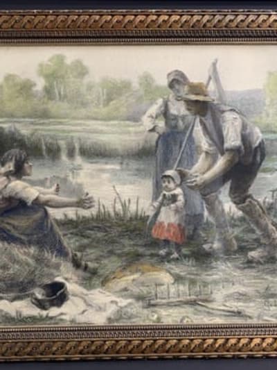 Ancien dessin Georges Laugée couple de paysan et fillette sv Millet Carcassonne