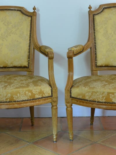 Paire de fauteuils parisiens ancien d'époque Louis XVI à plumets soie Furniture