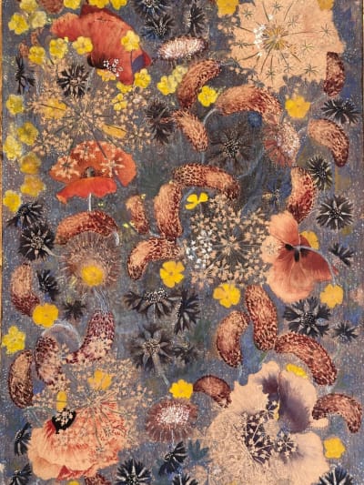 Tableau ancien nature morte pavots carton tapisserie Gobelins Paris Binet 1900