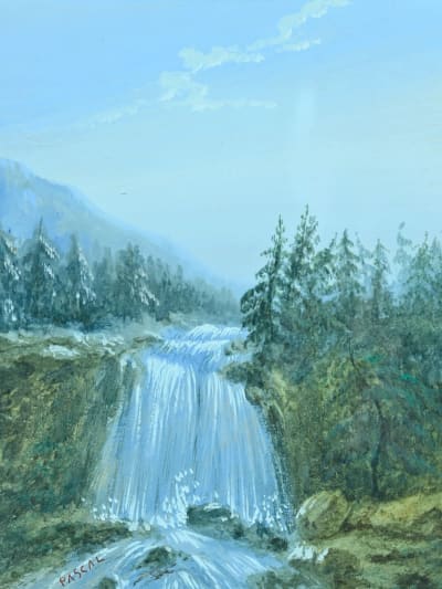Tableau ancien gouache Paul Pascal vue des Pyrénées cascade lac montagne XIXe