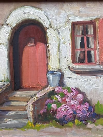 Ancien tableau breton maison Rochefort jardin Juliette Prin x 2 Charles Perron