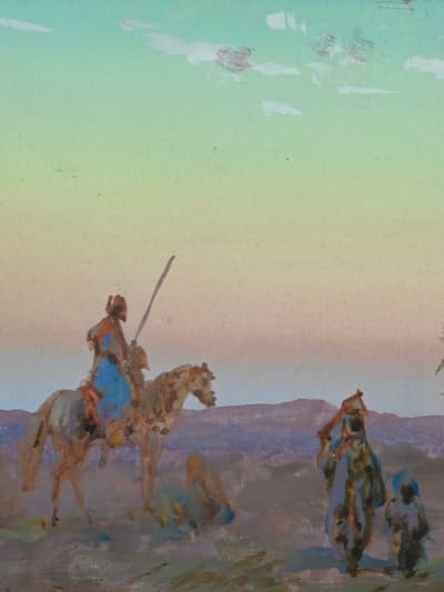 Tableau ancien gouache Paul Pascal cavalier orientaliste paysage ciel XIXe