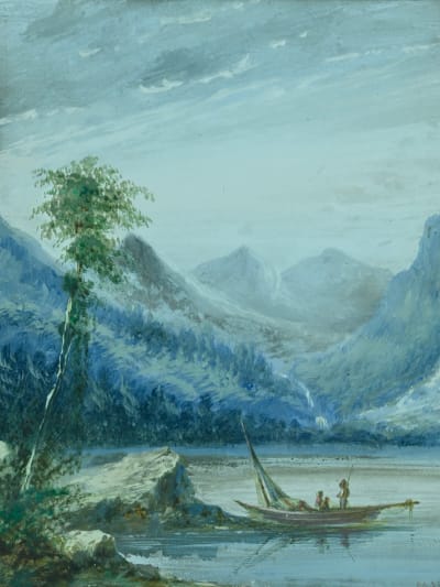 Tableau ancien gouache Paul Pascal vue des Pyrénées animé lac montagne XIXe