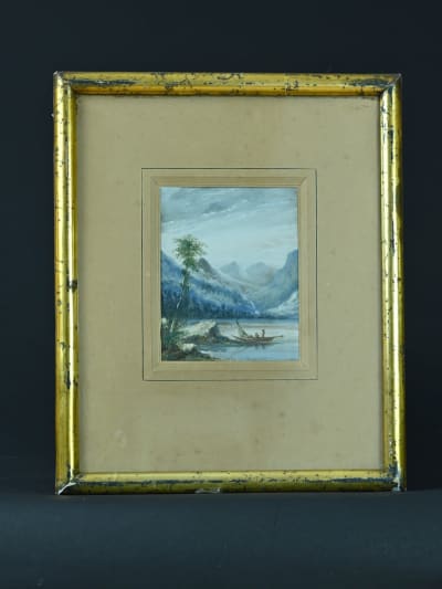 Tableau ancien gouache Paul Pascal vue des Pyrénées animé lac montagne XIXe