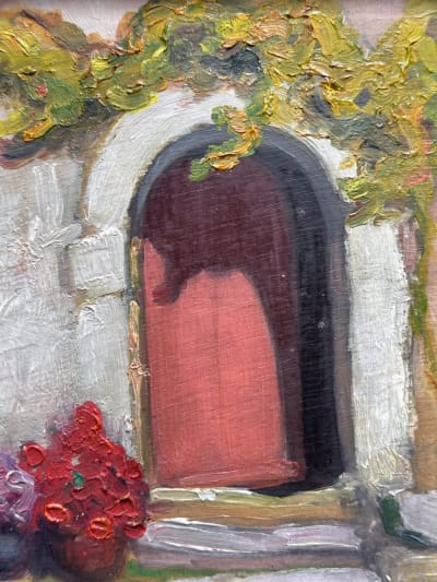 Ancien tableau breton vue de maison façade cour jardin nature morte Jeanne Prin