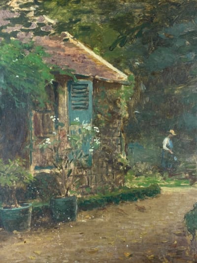 Tableau ancien le jardinier au travail dans un jardin impressionniste printemps