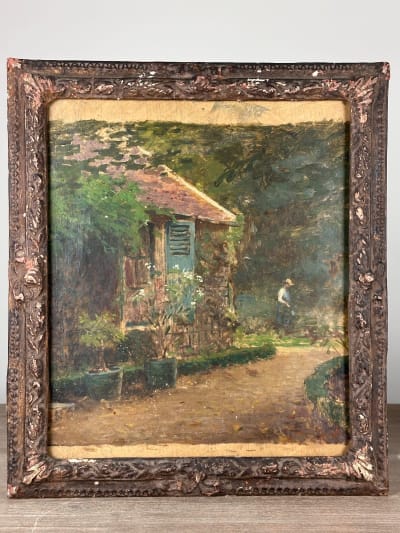 Tableau ancien le jardinier au travail dans un jardin impressionniste printemps