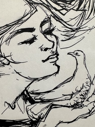 Ancien dessin encre marine port portrait colombe lettre Daniel Du Janerand