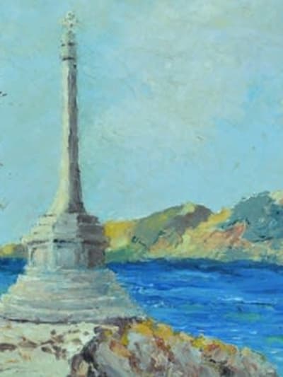 Tableau ancien marine paysage de bord de mer calvaire provençal signé Pasquier