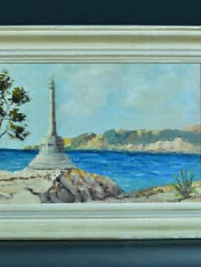 Tableau ancien marine paysage de bord de mer calvaire provençal signé Pasquier