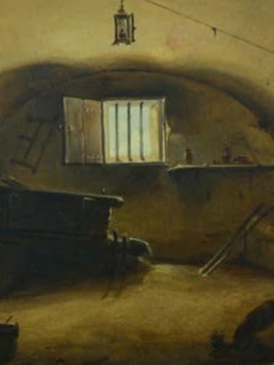 Tableau Marius Granet huile XIXe scène animée cellier portrait homme cadre