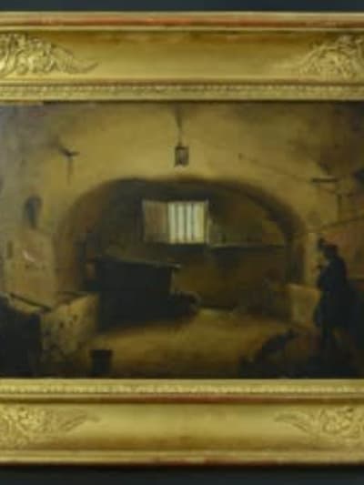 Tableau Marius Granet huile XIXe scène animée cellier portrait homme cadre