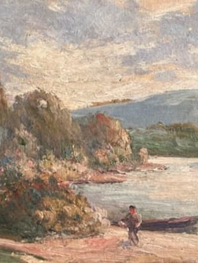 Tableau ancien huile paysage Dordogne rivière animée impressionniste J.P Laval