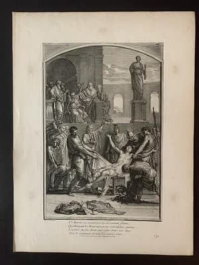 Belle gravure ancienne Martir Ne Craint Pas la Flamme Romain Antique supplice
