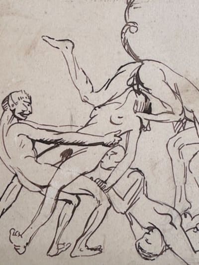 Ancien dessin portrait personnage nus diable faune satanique curiosa 1900