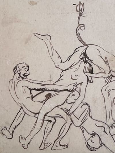 Ancien dessin portrait personnage nus diable faune satanique curiosa 1900