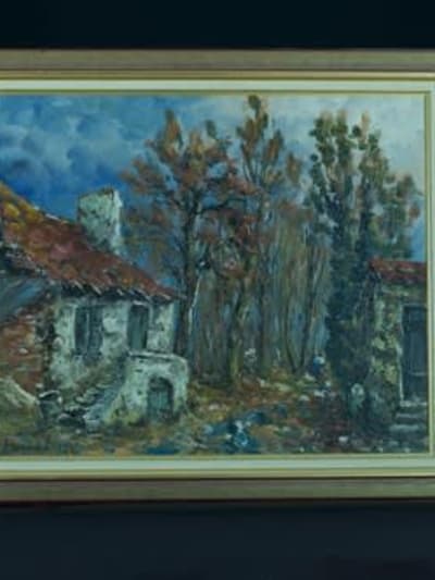 Tableau ancien paysage animé vieille maison en Sologne signé Raymond Besse HST