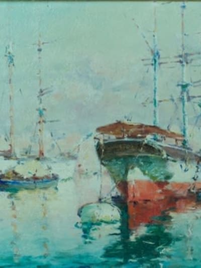 Beau tableau ancien marine Marseille le vieux port bateaux Gilbert Galland 1900