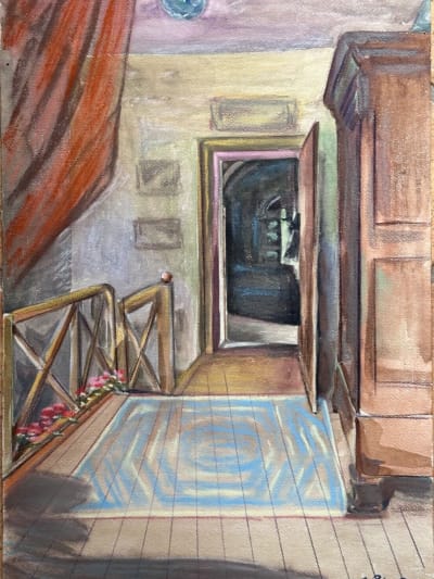 Ancien dessin intérieur maison vue de grenier comble escalier art nouveau signé