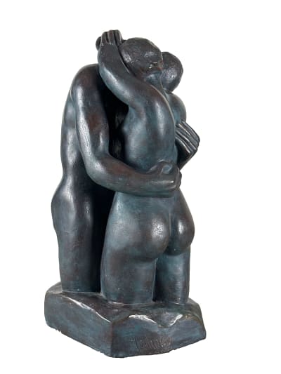 Ancienne sculpture le baiser l'étreinte portrait de couple enlacé signé XXe