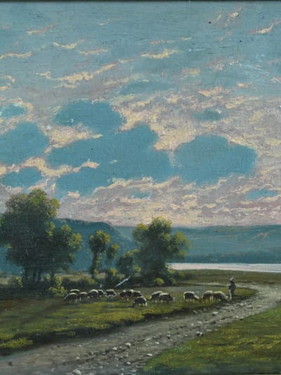 Ancien tableau paysage couché de soleil Lot Dordogne berger troupeau A. Lapoque