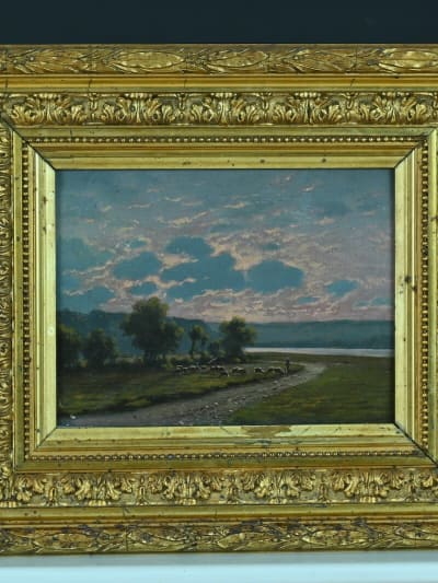 Ancien tableau paysage couché de soleil Lot Dordogne berger troupeau A. Lapoque