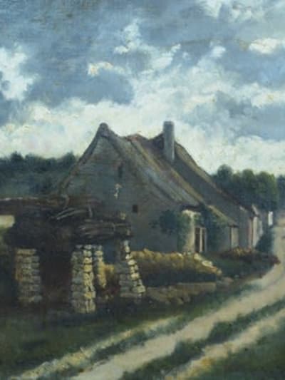 Beau tableau ancien vue de village chaumière ciel Adolphe Hervier Normandie XIXe