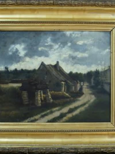 Beau tableau ancien vue de village chaumière ciel Adolphe Hervier Normandie XIXe