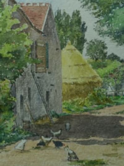 Beau tableau ancien vue de ferme et poules signé Blanche Crécy-la-Chapelle