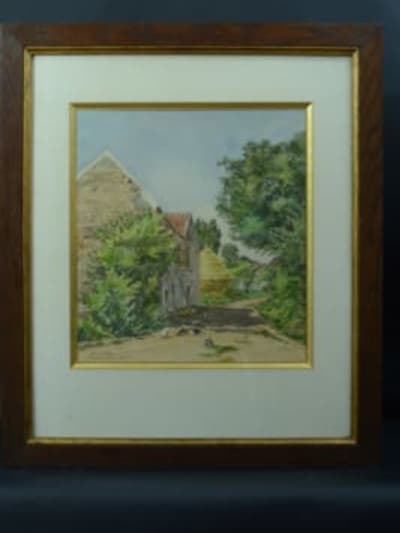 Beau tableau ancien vue de ferme et poules signé Blanche Crécy-la-Chapelle