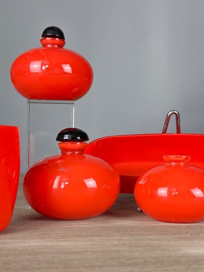 Ancienne garniture de toilette Art déco verre rouge Tango Powolny Loetz